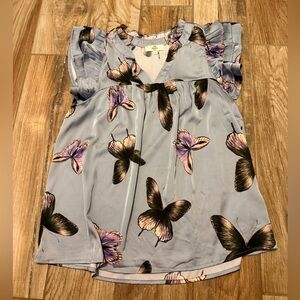Entro Purple Satin Butterfly Ruffle Sleeve Top